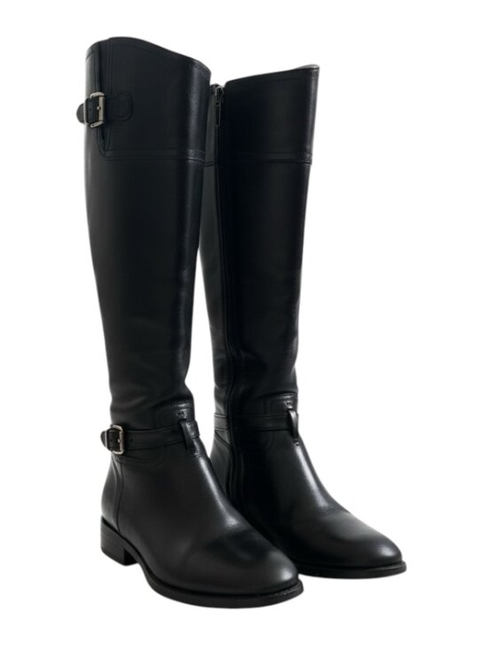 Tory Burch Riding Boots Women 8M Black Leather Knee High Gold Logo Zip Equestria